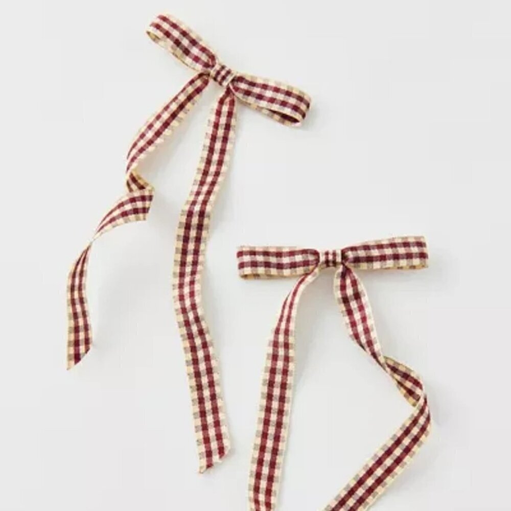 NWT Urban Outfitters Long Gingham Brown Hair Bow Clips Set of 2